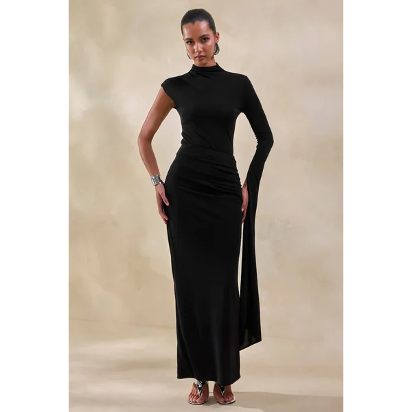 Adessa | Jupe longue noire froncée à taille asymétrique