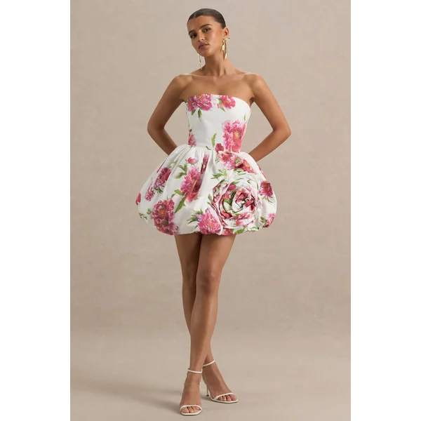 Adira | Mini-robe Bandeau à Imprimé Floral Crème avec Jupe Bouffante et Détail Volanté
