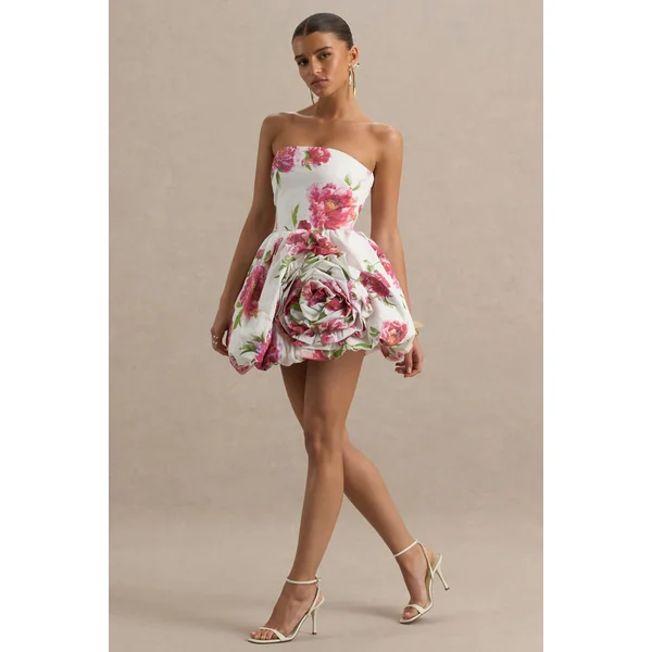 Adira | Mini-robe Bandeau à Imprimé Floral Crème avec Jupe Bouffante et Détail Volanté
