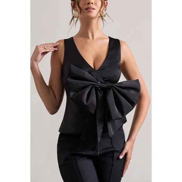 Adoration | Haut en satin noir décolleté plongeant et noeud
