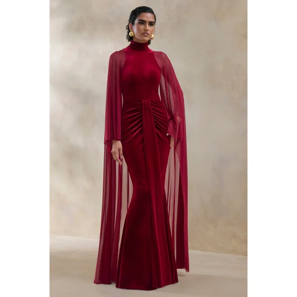 Adoring | Robe longue en velours bordeaux à haute encolure