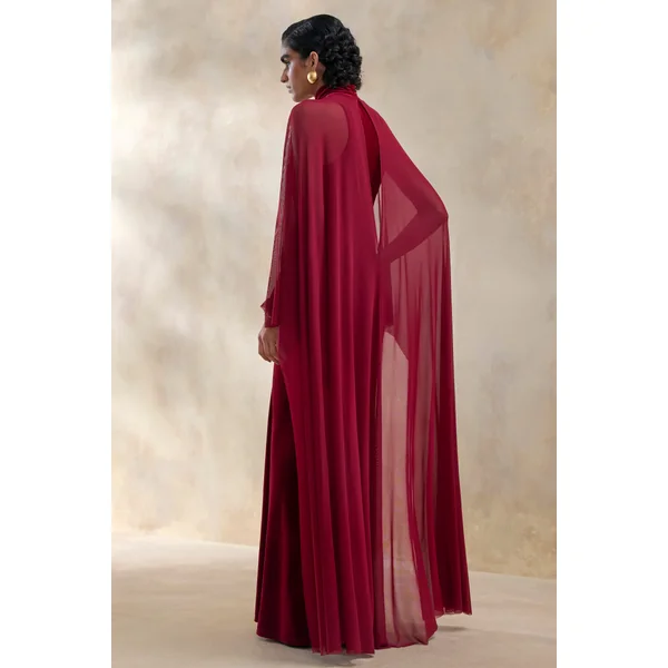 Adoring | Robe longue en velours bordeaux à haute encolure