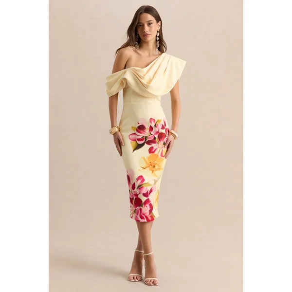 Adrina | Robe mi-longue à une épaule drapée avec imprimé floral rose fuchsia et citron