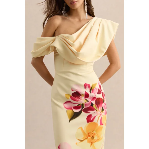 Adrina | Robe mi-longue à une épaule drapée avec imprimé floral rose fuchsia et citron