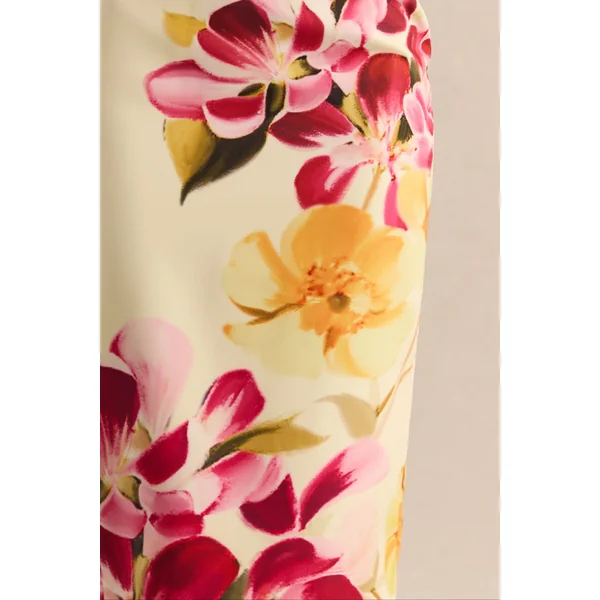 Adrina | Robe mi-longue à une épaule drapée avec imprimé floral rose fuchsia et citron