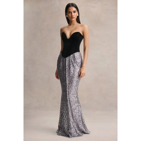 Aeris | Robe longue en velours noir et sequins argentés à décolleté plongeant