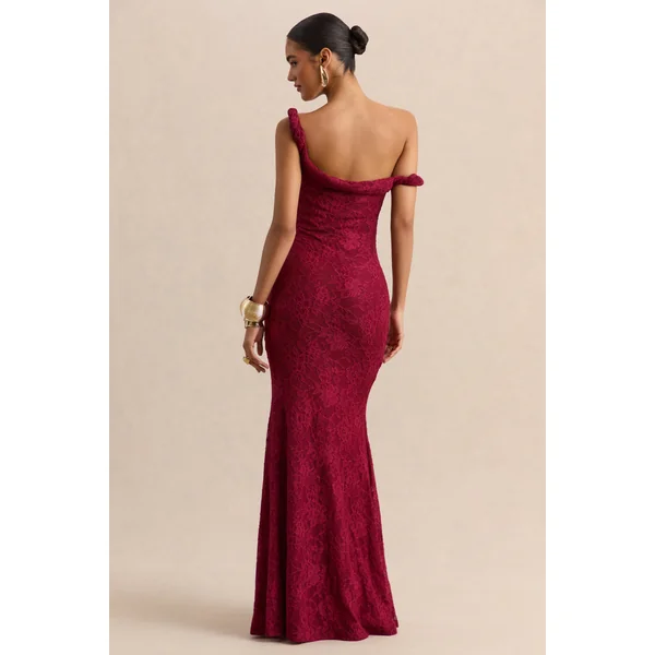 Afina | Robe longue en dentelle bordeaux à encolure asymétrique