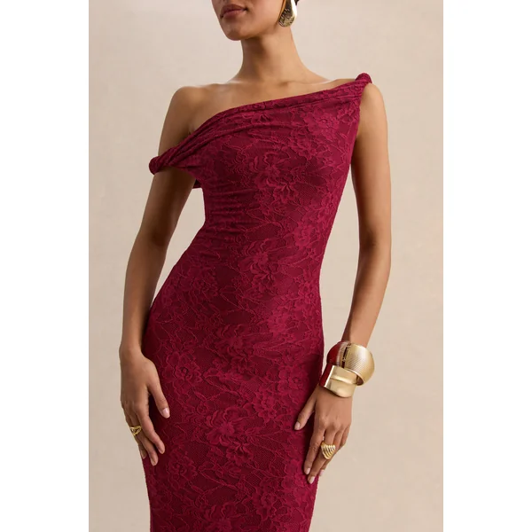 Afina | Robe longue en dentelle bordeaux à encolure asymétrique