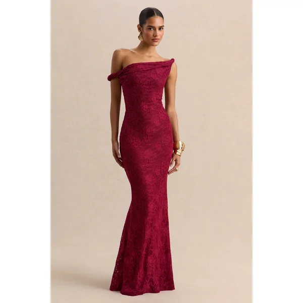 Afina | Robe longue en dentelle bordeaux à encolure asymétrique