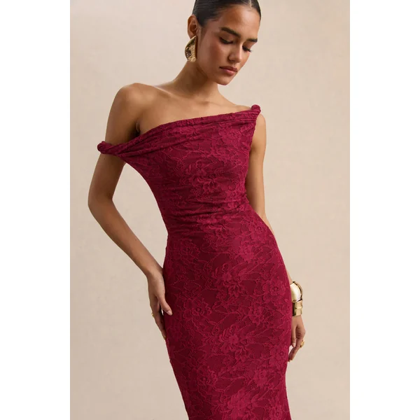 Afina | Robe longue en dentelle bordeaux à encolure asymétrique