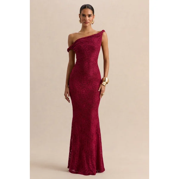 Afina | Robe longue en dentelle bordeaux à encolure asymétrique