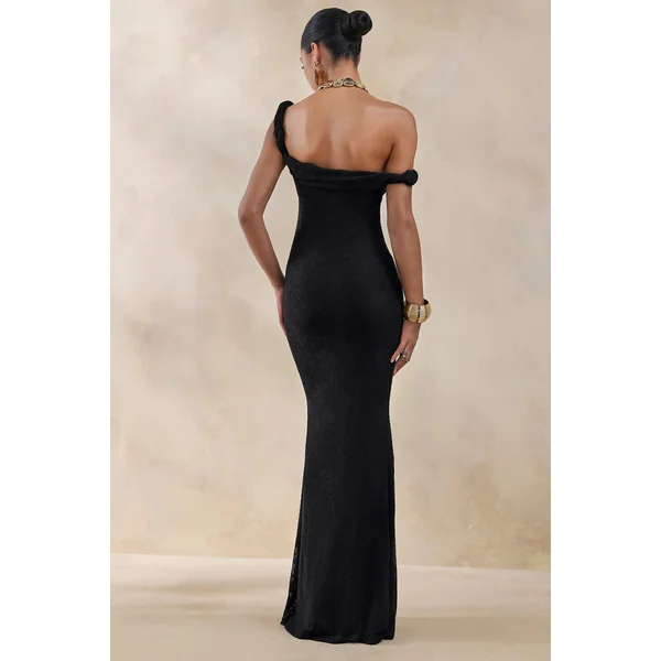 Afina | Robe longue en dentelle noire à encolure asymétrique