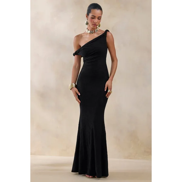 Afina | Robe longue en dentelle noire à encolure asymétrique