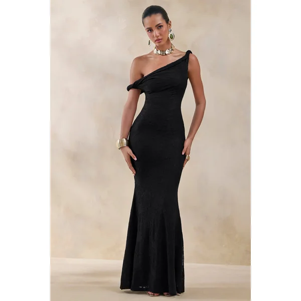 Afina | Robe longue en dentelle noire à encolure asymétrique