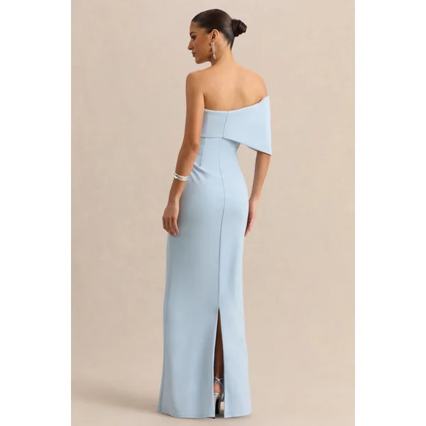 Agatha | Robe longue bleu poudré à encolure Bardot avec nœud