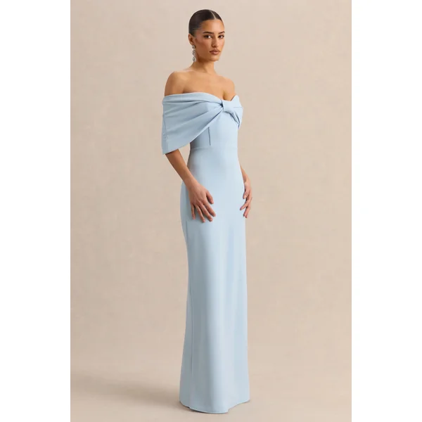 Agatha | Robe longue bleu poudré à encolure Bardot avec nœud