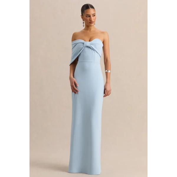 Agatha | Robe longue bleu poudré à encolure Bardot avec nœud