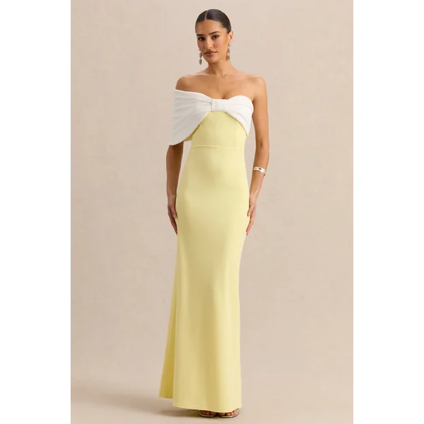 Agatha | Robe longue citron et blanche à encolure Bardot avec nœud