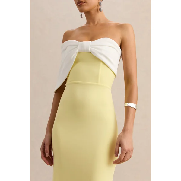 Agatha | Robe longue citron et blanche à encolure Bardot avec nœud