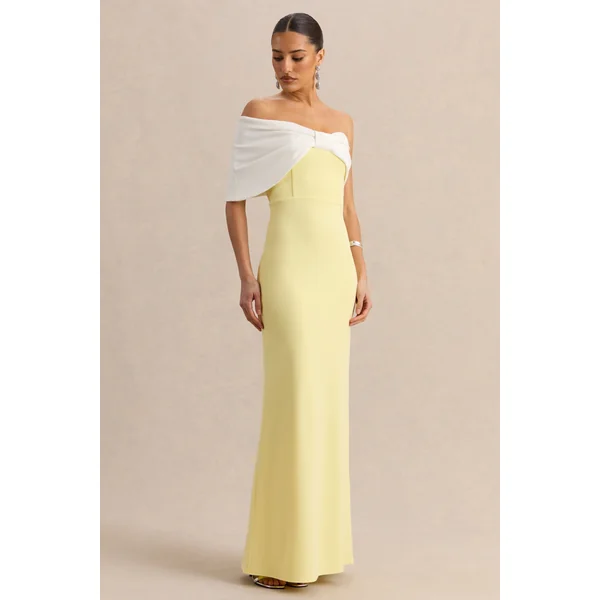 Agatha | Robe longue citron et blanche à encolure Bardot avec nœud