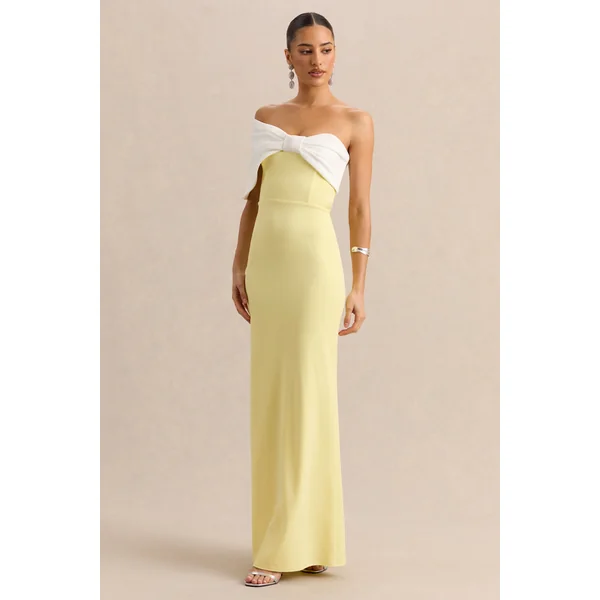 Agatha | Robe longue citron et blanche à encolure Bardot avec nœud
