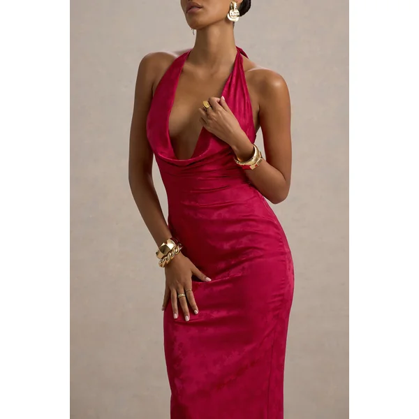 Aine | Robe mi-longue en jacquard de satin rouge à encolure drapée