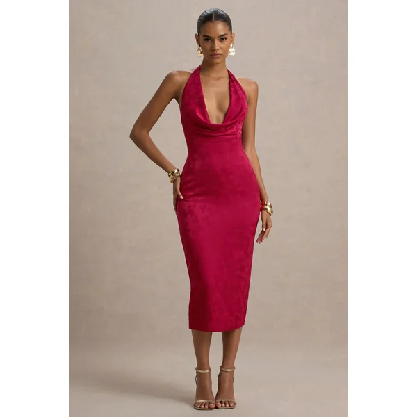 Aine | Robe mi-longue en jacquard de satin rouge à encolure drapée