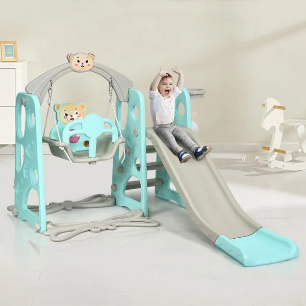 Aire de Jeux 3 en 1 pour Enfants de 1 à 6 Ans avec Toboggan Portique Balançoire Panier de Basket Escalade 142x176x111cm