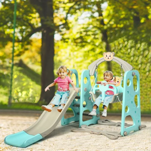 Aire de Jeux 3 en 1 pour Enfants de 1 à 6 Ans avec Toboggan Portique Balançoire Panier de Basket Escalade 142x176x111cm