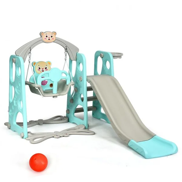 Aire de Jeux 3 en 1 pour Enfants de 1 à 6 Ans avec Toboggan Portique Balançoire Panier de Basket Escalade 142x176x111cm