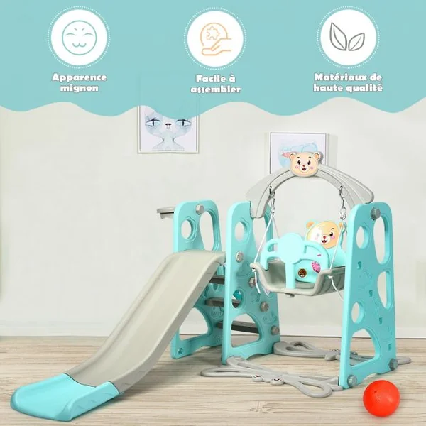 Aire de Jeux 3 en 1 pour Enfants de 1 à 6 Ans avec Toboggan Portique Balançoire Panier de Basket Escalade 142x176x111cm