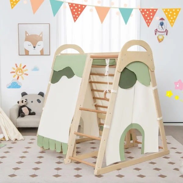 Aire de Jeux 6 en 1 pour Enfants en Bois avec Toboggan Ensemble de Jeux d’Escalade Charge 120kg 1 An+