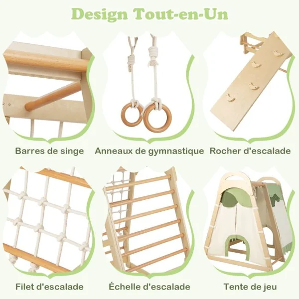 Aire de Jeux 6 en 1 pour Enfants en Bois avec Toboggan Ensemble de Jeux d’Escalade Charge 120kg 1 An+