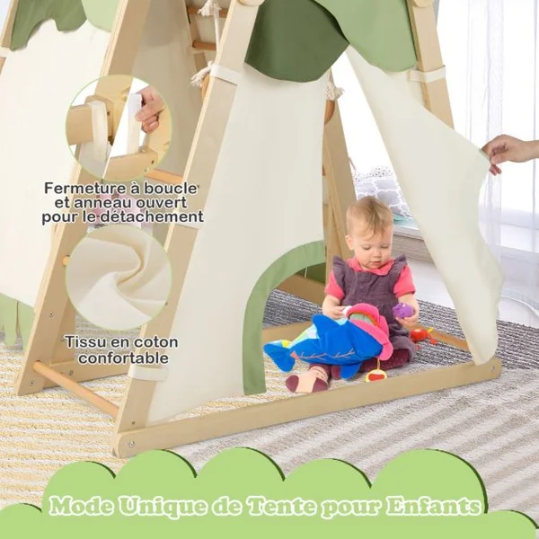 Aire de Jeux 6 en 1 pour Enfants en Bois avec Toboggan Ensemble de Jeux d’Escalade Charge 120kg 1 An+