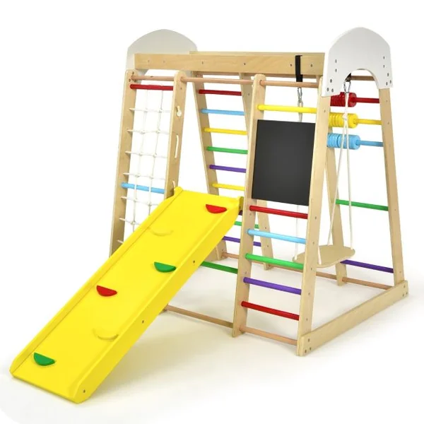Aire de Jeux Bois avec Balançoire Toboggan et Échelle Enfant à partir de 3 Ans Multicolore