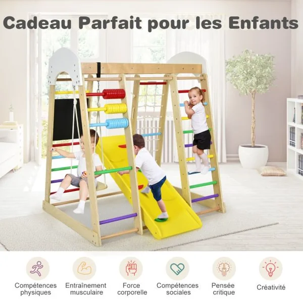 Aire de Jeux Bois avec Balançoire Toboggan et Échelle Enfant à partir de 3 Ans Multicolore