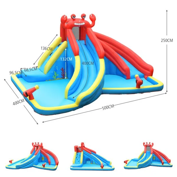 Aire de Jeux Gonflable avec 2 Toboggans 2 Pataugeoires 2 Canons Sac Kit de Réparation Formes de Crabe sans Gonfleur