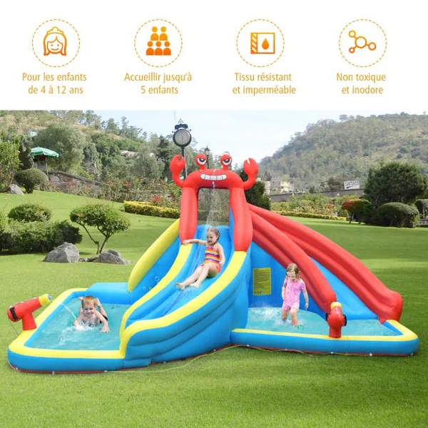 Aire de Jeux Gonflable avec 2 Toboggans 2 Pataugeoires 2 Canons Sac Kit de Réparation Formes de Crabe sans Gonfleur