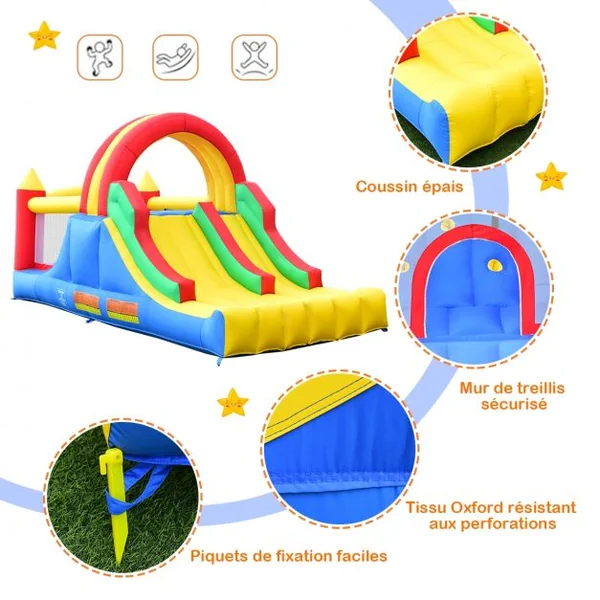 Aire de Jeux Gonflable avec 2 Toboggans Grand Mur d’Escalade Parc 5x2x2M Charge 80KG