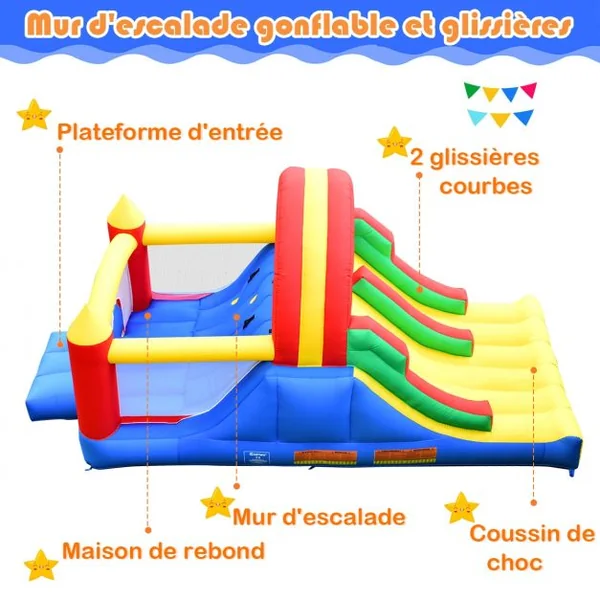 Aire de Jeux Gonflable avec 2 Toboggans Grand Mur d’Escalade Parc 5x2x2M Charge 80KG