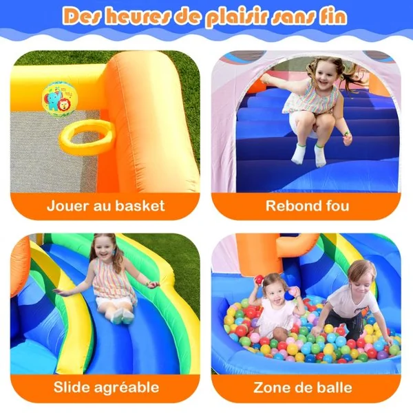 Aire de Jeux Gonflable avec Zone de Saut Mur en Maille 3x2x2M Charge 50KG Design de Singe