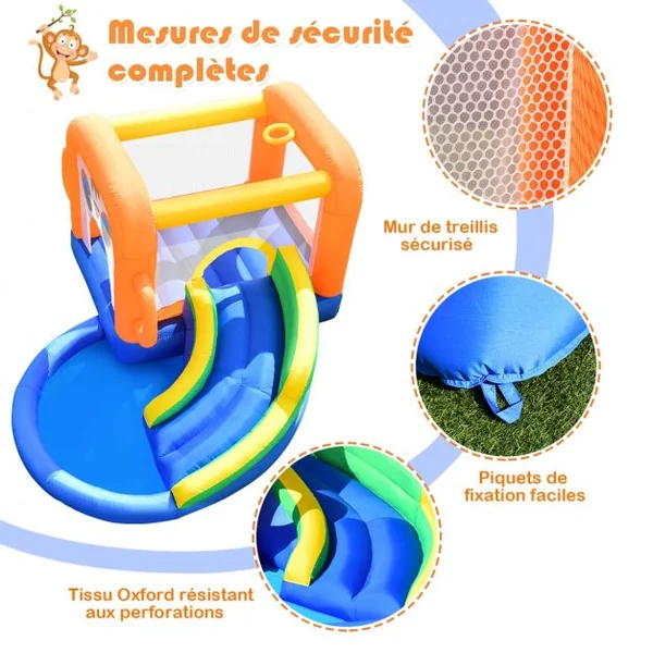 Aire de Jeux Gonflable avec Zone de Saut Mur en Maille 3x2x2M Charge 50KG Design de Singe