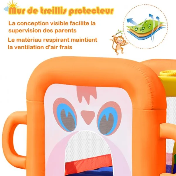 Aire de Jeux Gonflable avec Zone de Saut Mur en Maille 3x2x2M Charge 50KG Design de Singe