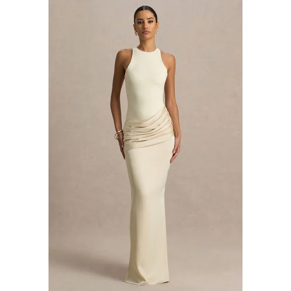 Akari | Robe longue crème à encolure ras-du-cou avec jupe en satin