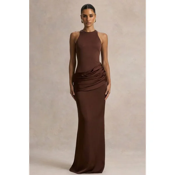 Akari | Robe longue marron à col rond avec jupe en satin
