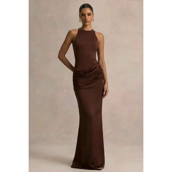 Akari | Robe longue marron à col rond avec jupe en satin