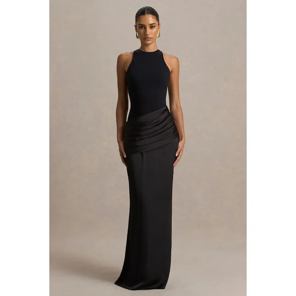 Akari | Robe longue noire à encolure ras-du-cou avec jupe en satin