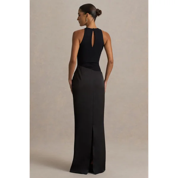 Akari | Robe longue noire à encolure ras-du-cou avec jupe en satin