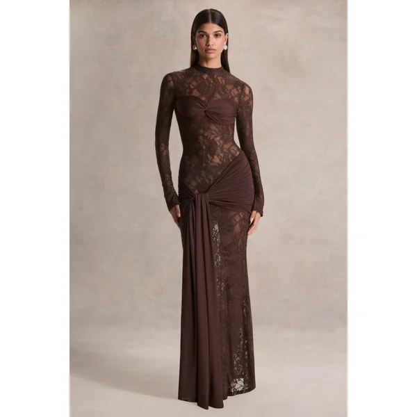 Akira | Robe longue en dentelle marron avec détail ceinture drapée