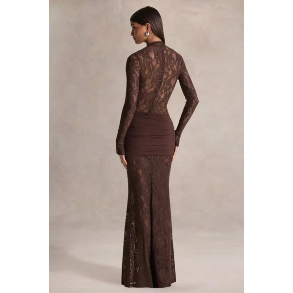 Akira | Robe longue en dentelle marron avec détail ceinture drapée